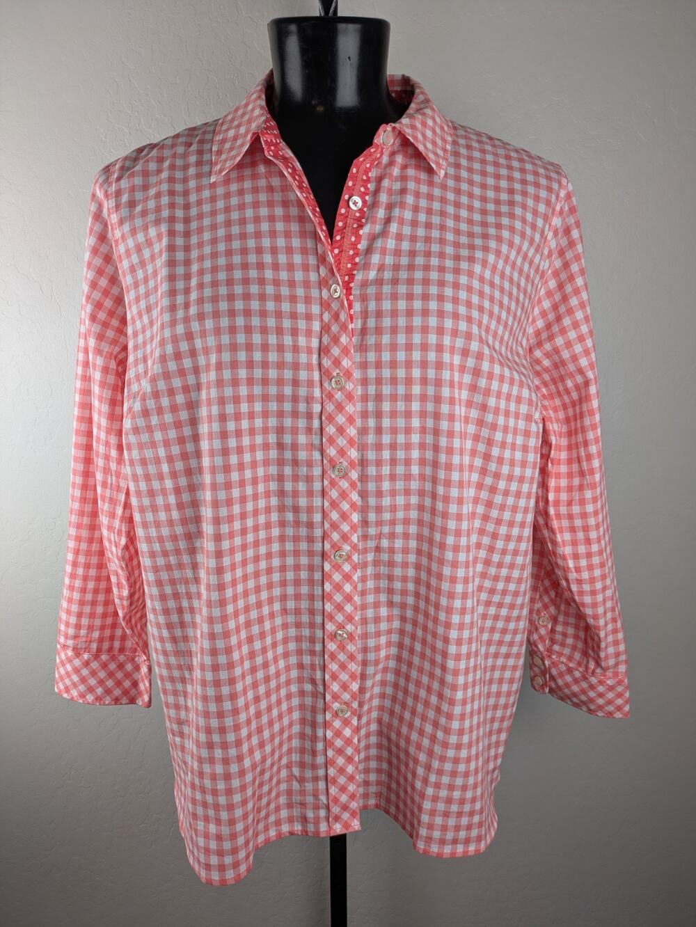 Talbots Gingham Plaid Button Front Long Sleeve Shirt Coral White